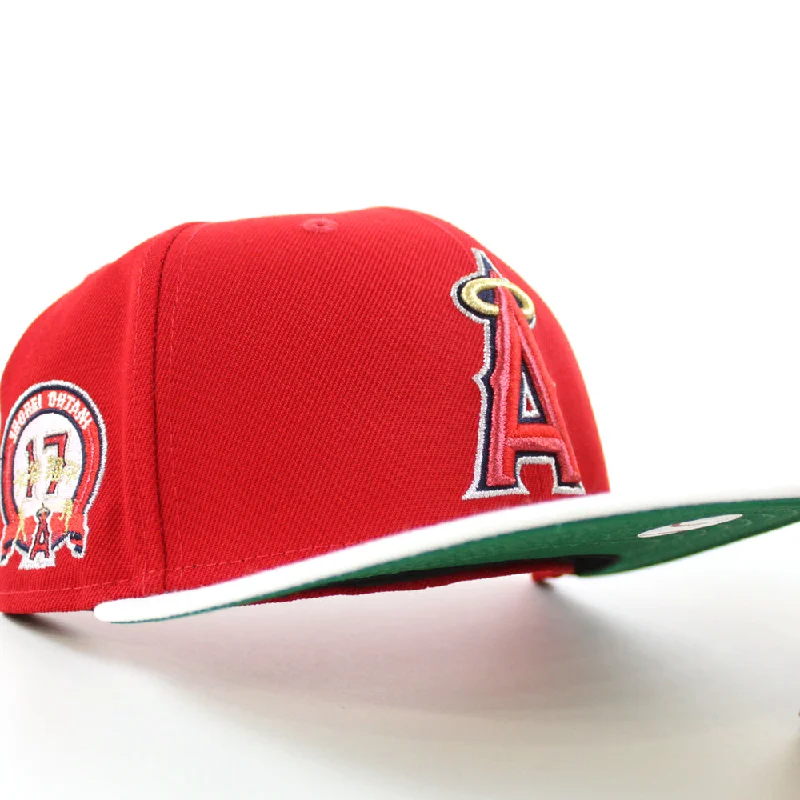 Anaheim Angels Shohei Ohtani 17th Patch New Era 59Fifty Fitted Hat (Scarlet White GREEN Under Brim)