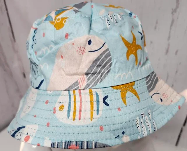 Bucket/Sun Hat With Chin Strap Wide Brim Children's 2-7yr Light Blue Sea Creatures scbhlbsc