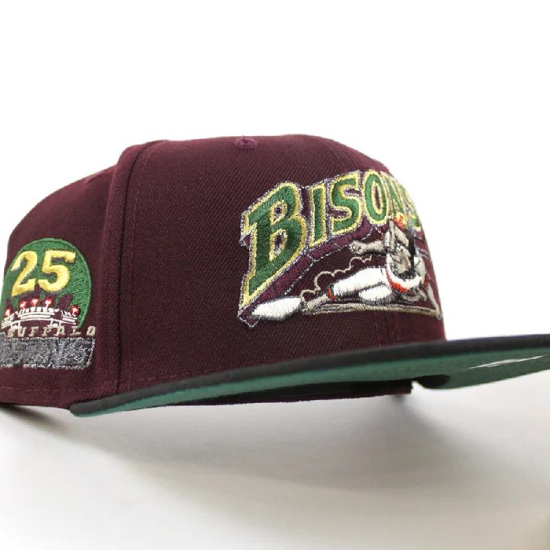 Buffalo Bisons 25th Bison patch New Era 59Fifty Fitted Hat (MAROON BLACK CAMO Green Under Brim)