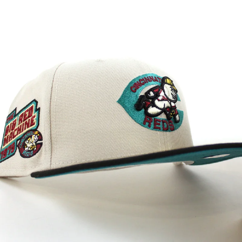 Cincinnati Reds 1975 BIG RED MACHINE New Era 59Fifty Fitted Hat (STONE BLACK AQUA  Under Brim)