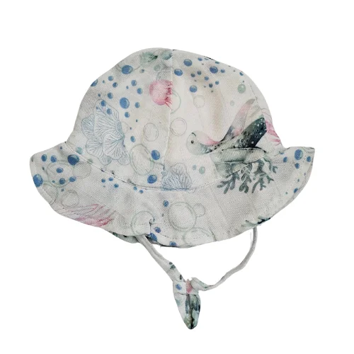 Sunhat - Baby - Happy Turtles  - 100 % Gauze / Cotton - 6 panel tie - Blues & Purples - HAPTUR243