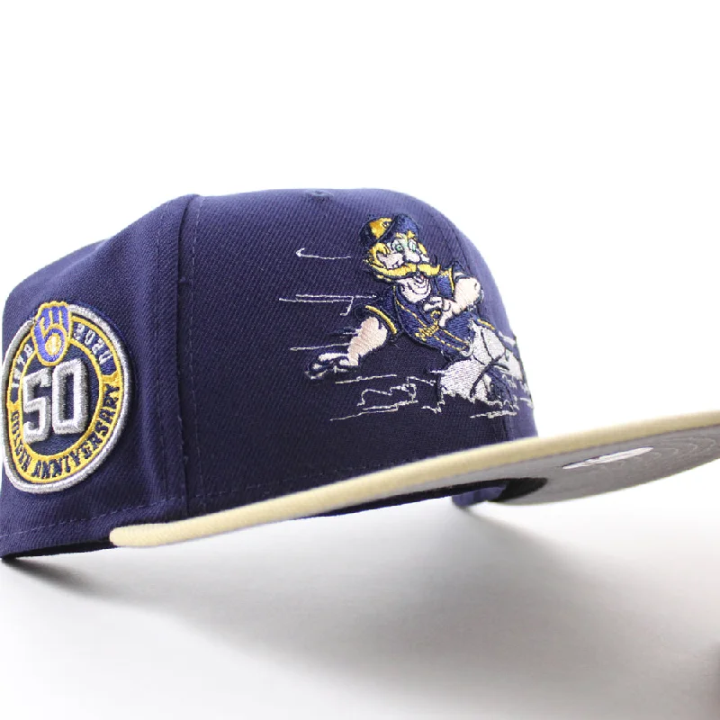 Milwaukee Brewers Bernie Brewer 50th Golden Anniversary New Era 59Fifty Fitted Hat (Light Navy Vegas Gold Gray Under Brim)