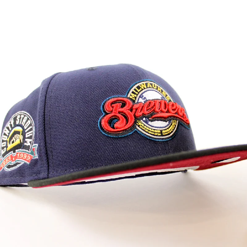 Milwaukee Brewers COUNTY STADIUM New Era 59Fifty Fitted Hat (Glow in the Dark Navy Black Cardinal Under Brim)