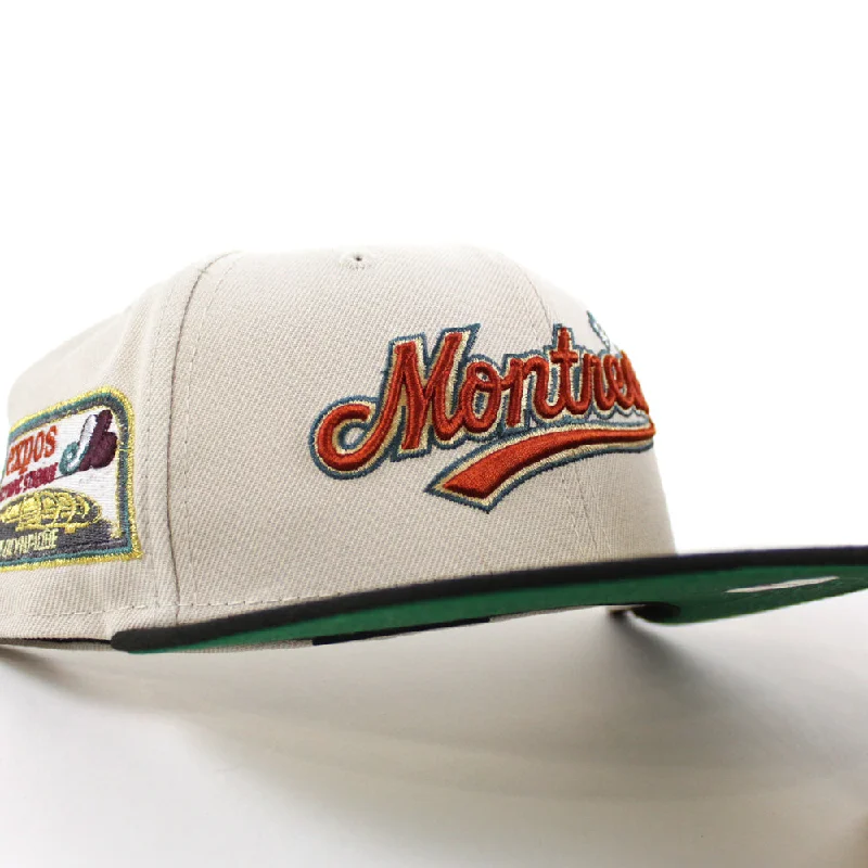 Montreal Expos Olympic Stadium Patch New Era Fitted 59Fifty Hat (CHROME WHITE Black Green Underbrim)