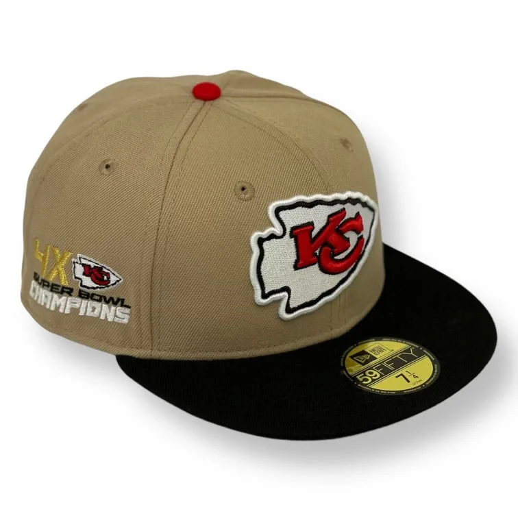 KANSAS CITY CHIEFS (CAMEL) "4X SUPER BOWL CHAMPS" NEW ERA 59FIFTY FITTED (RED UNDER VISOR)