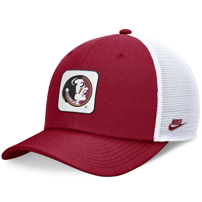 Nike Vault Seminole Logo Patch Rise Structured Adjustable Trucker Cap - Crimson/White