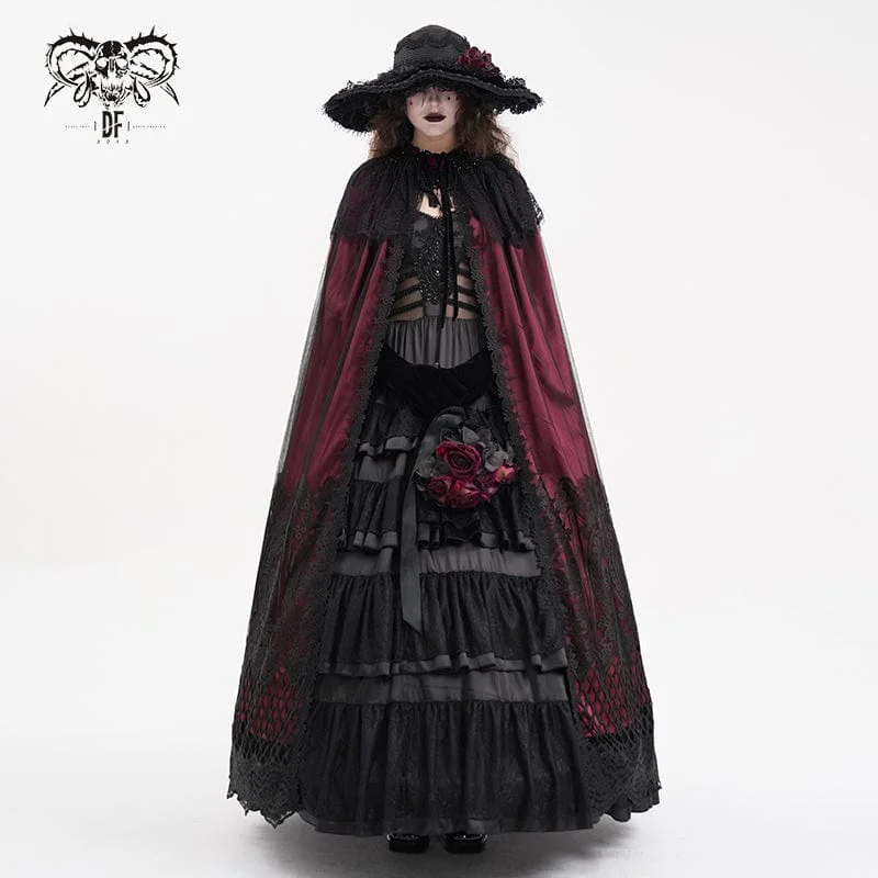 Women's Gothic Lace Tassels Mesh Cloak with Hood Red