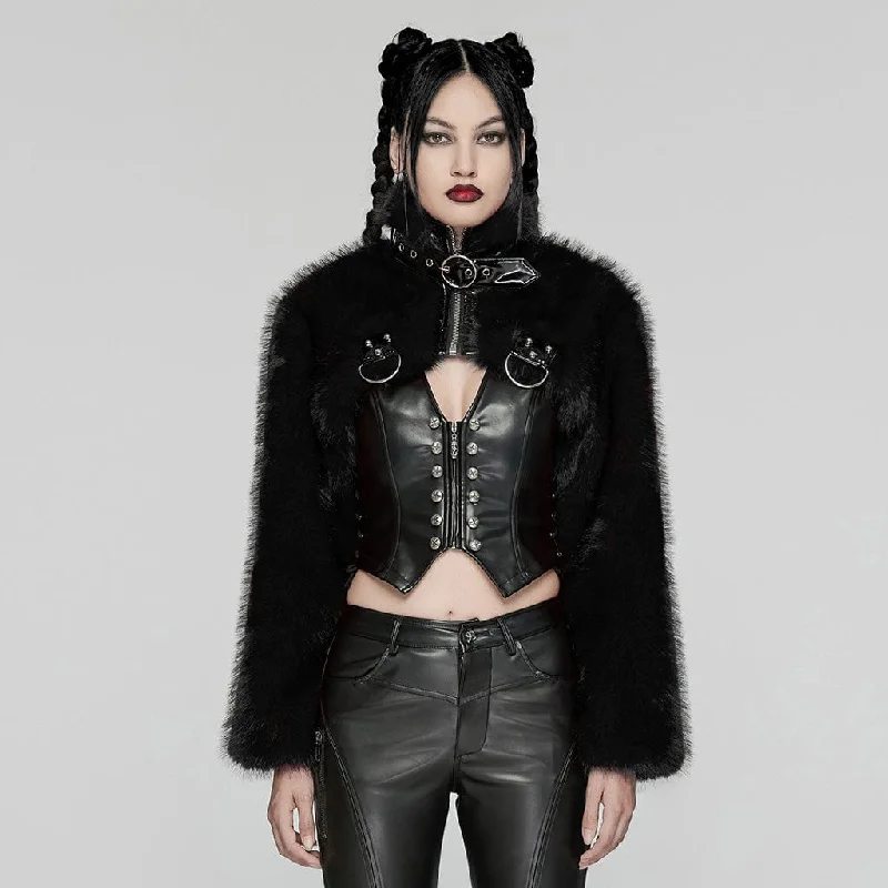 Women's Punk Stand Collar Faux Fur Short Jacket Black