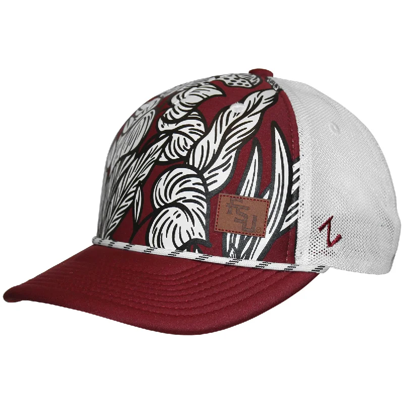 Zephyr Women's Stacked FSU Leather Patch Adjustable Floral Pattern Trucker Cap - Garnet/White