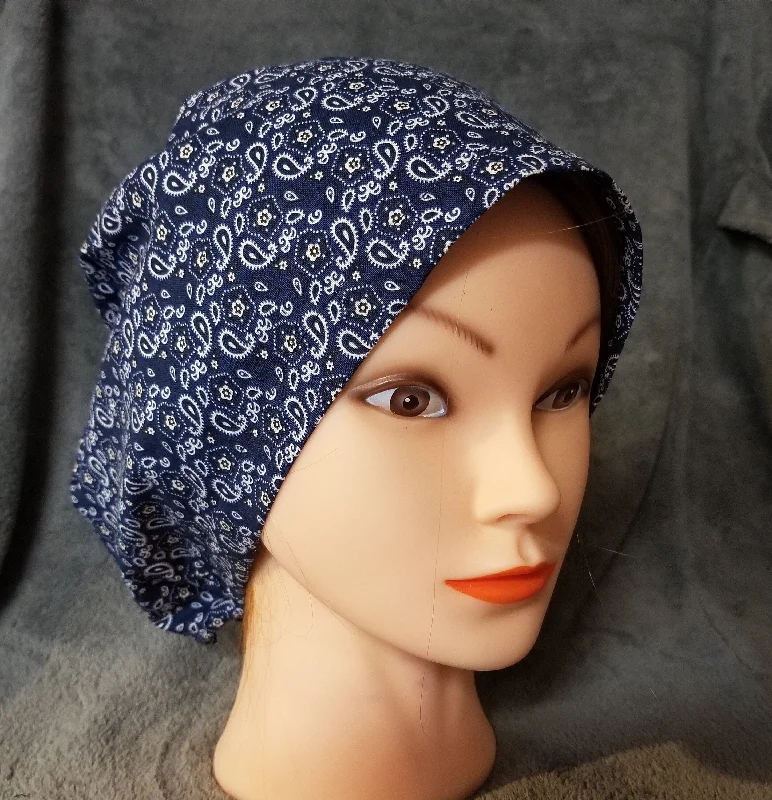 Blue Bandana with White and Black Accents Pixie Style Scrub Caps,  Euro style scrub cap