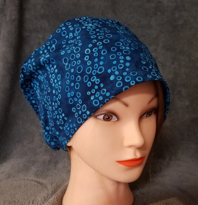 Blue Batik Print with Bubbles Pixie Style Scrub Cap,  Euro style scrub cap