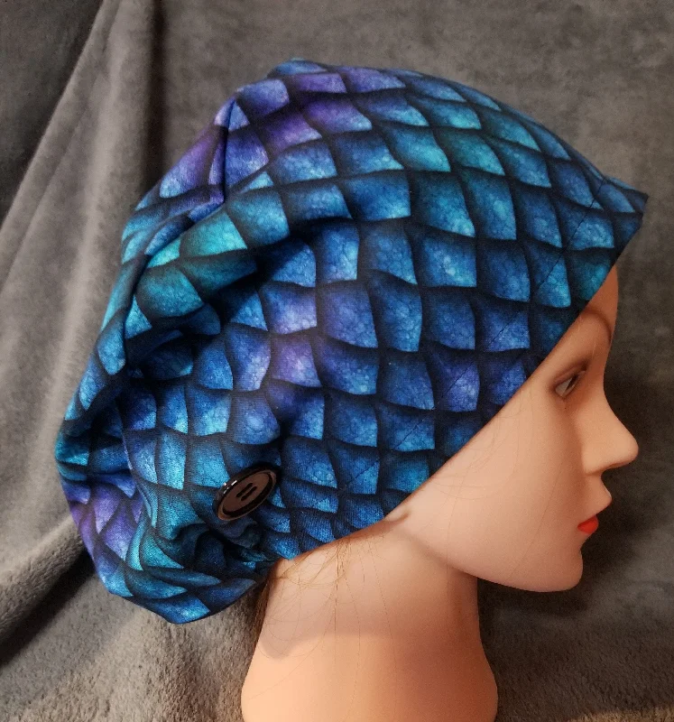 Blue Dragon Scales Print Pixie Style Scrub Cap,  Euro style scrub cap