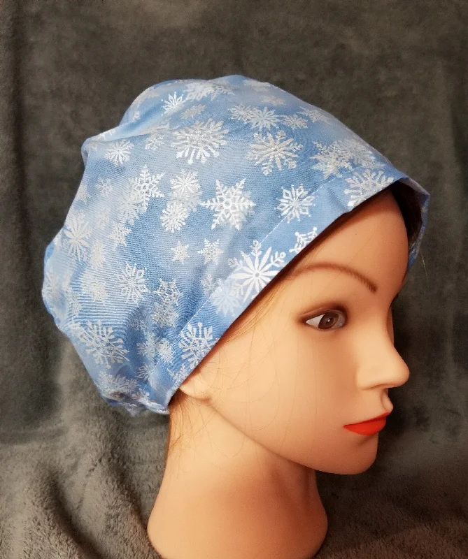 Blue with White Snowflakes Print Pixie Style Scrub Caps,  Euro style scrub cap