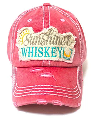 CAPS 'N VINTAGE Women's Distressed Beach Hat Sunshine Fun Patch Embroidery Monogram Ballcap, Coral Rose