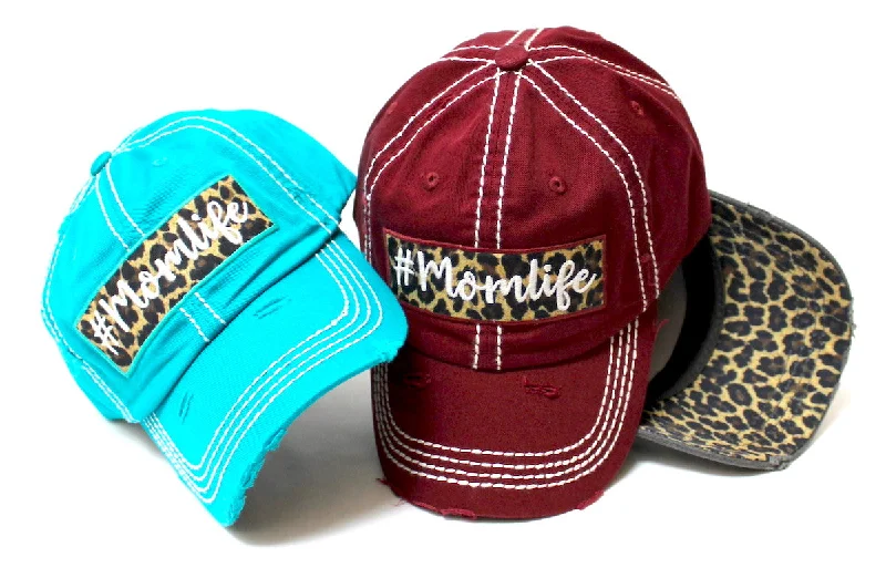 CAPS 'N VINTAGE Women's Distressed Cap # Momlife Leopard Print Patch Embroidery Monogram Hat, Wine Burgundy