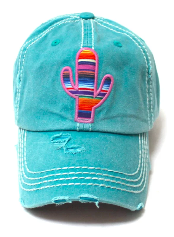 CAPS 'N VINTAGE Women's Distressed Serape Patterned Cactus Monogram Embroidery Ballcap, California Beach Blue