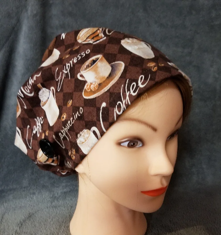 Coffee Java Print on Brown Background Pixie Style Scrub Cap, Euro style scrub cap