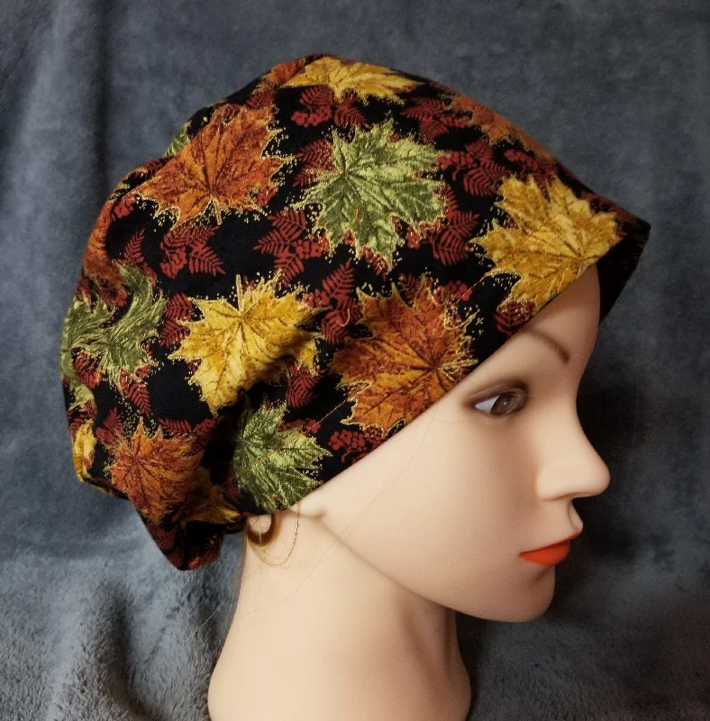 Fall Leaves Print Pixie Style Scrub Cap,  Euro style scrub cap