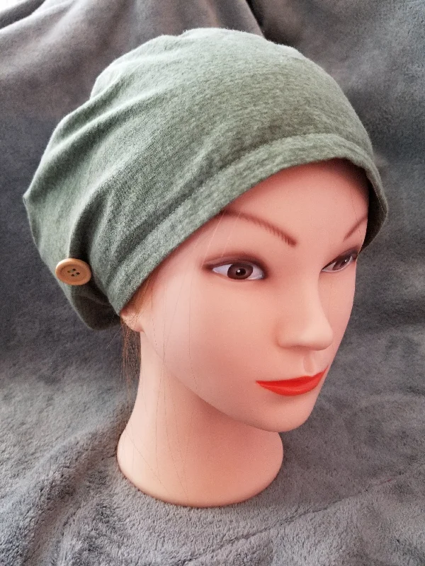 Green Knit Print Flannel Pixie Scrub Cap,  Euro style scrub cap