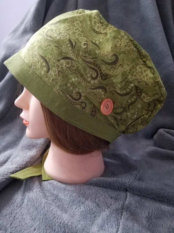 Green Paisley with Ribbon Ties Scrub Cap, Euro Style Scrub Cap