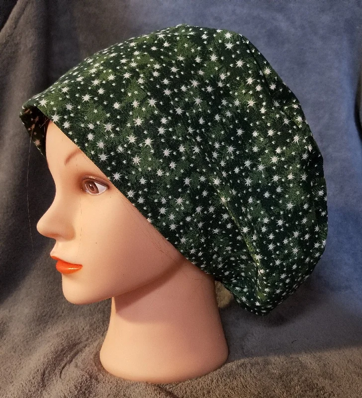 Green Tree Print with White Stars Pixie Style Christmas Scrub Cap