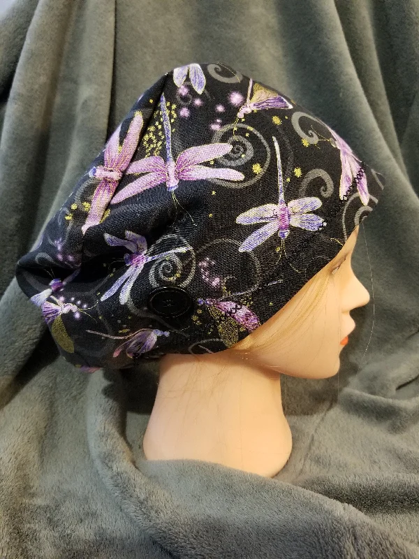 Pixie Style Scrub Cap Black Background with Dragonfly Print, Euro Style Scrub Cap