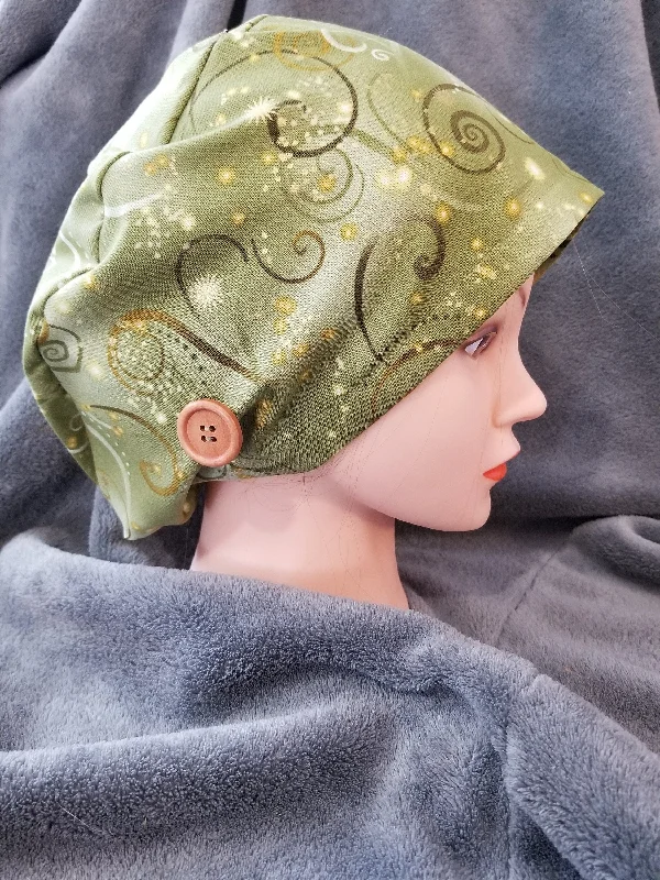 Pixie Style Scrub Cap Green Background with Swirls, Euro Style Scrub Cap