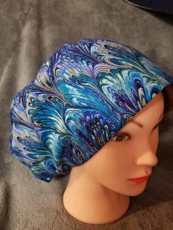 Pixie Style Scrub Cap Purple, Blue Oil Slick Pattern,  Euro style scrub cap