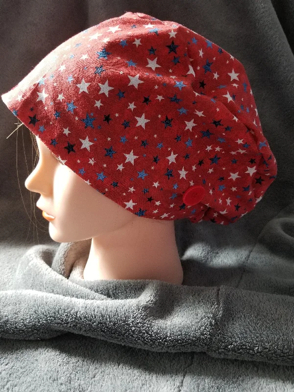 Pixie Style Scrub Cap Red Background with Blue and White Stars, Euro Style Scrub Cap