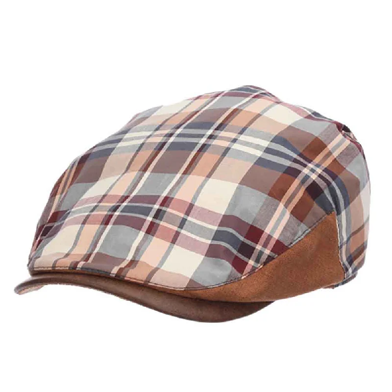 Plaid Cotton Flat Cap with Faux Leather Peak - Stacy Adams Hats