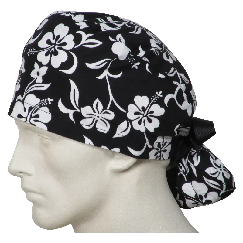 Ponytail Scrub Caps Black Flowers