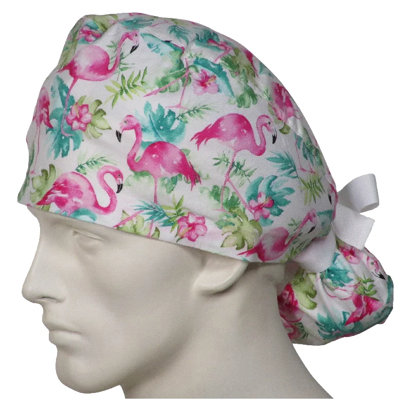 Ponytail Scrub Caps Pink Flamingos