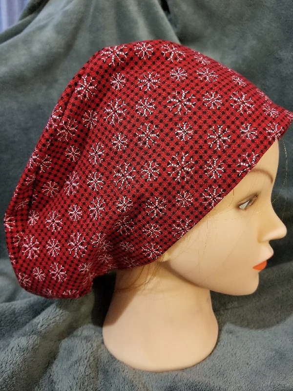 Red and Black Small Checks with White Snowflakes Pixie Style Christmas Scrub Caps,  Euro style scrub cap