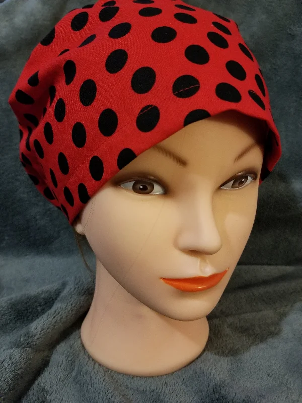 Red Background with Black Dots Pixie Style Scrub Cap,  Euro style scrub cap