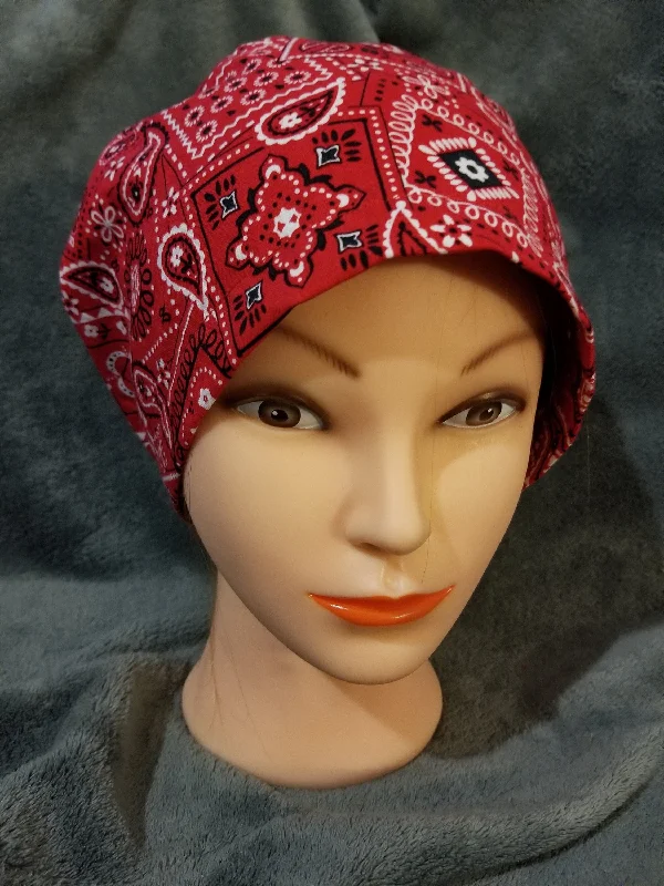 Red Bandana with White and Black Accents Pixie Style Scrub Cap,  Euro style scrub cap