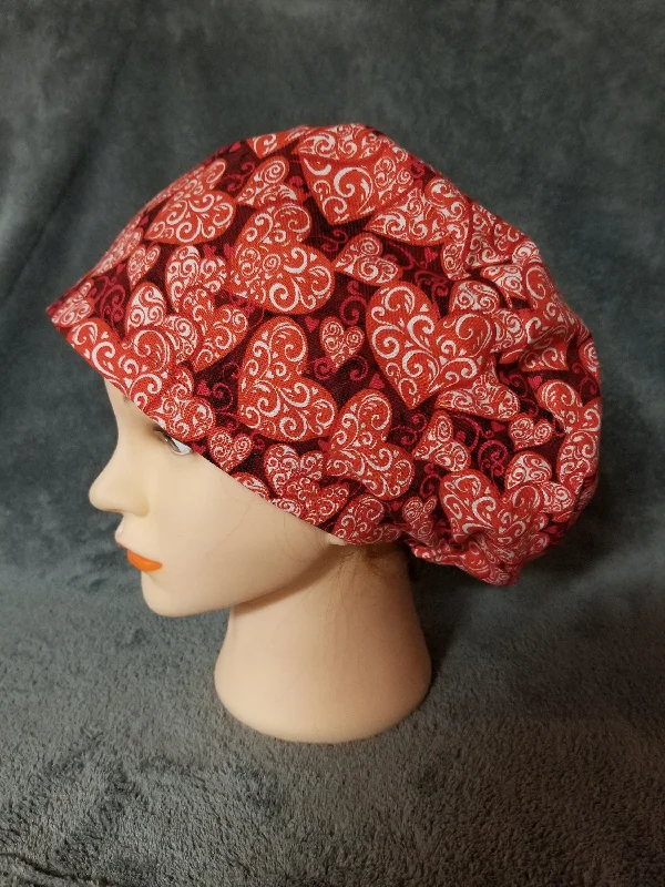 Red Valentine Hearts Print Pixie Style Scrub Caps Limited Collection, Euro Style Scrub Cap