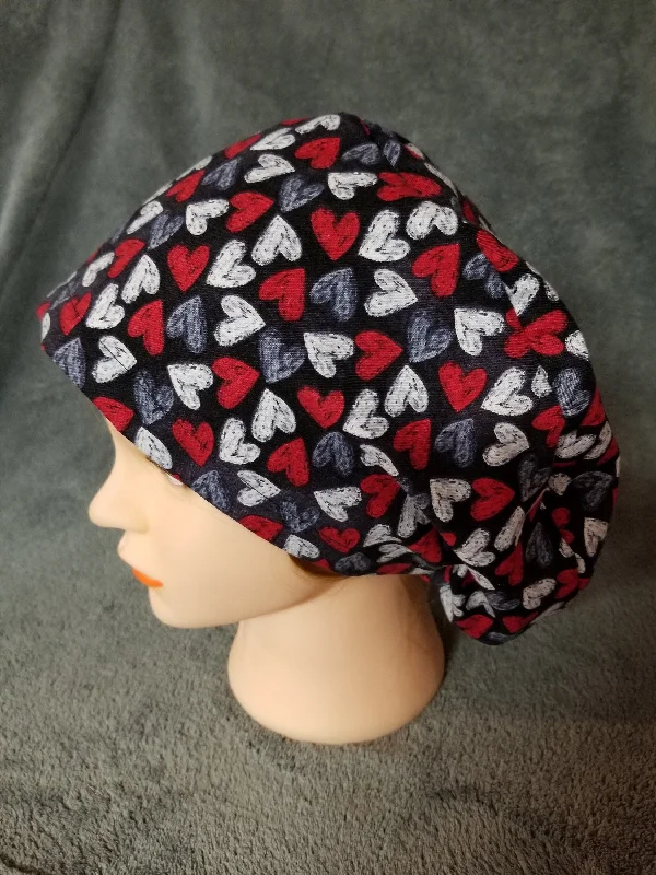 Valentine Hearts Print on Black Background Pixie Style Scrub Caps Limited Collection, Euro Style Scrub Cap