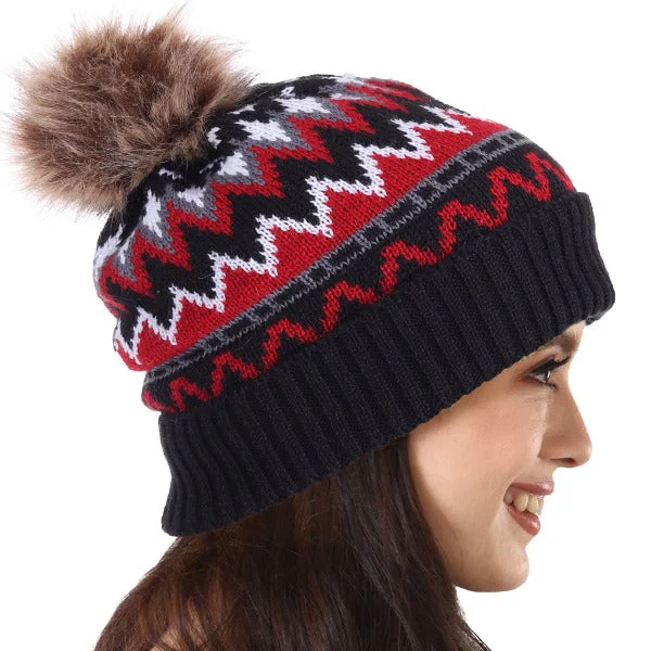 Women Knitted Pom Pom Beanie Cap with Fleece