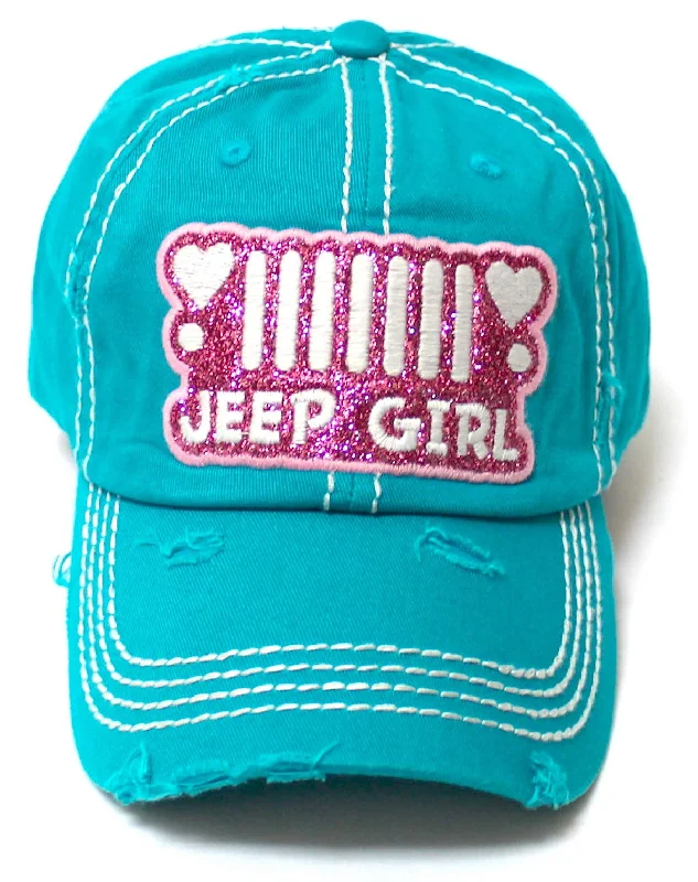 Women's Ballcap Jeep Girl Glitter, Hearts Monogram Patch Embroidery Adjustable Hat, California Blue