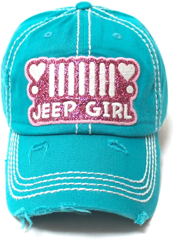 Women's Ballcap Jeep Girl Pink Glitter, Hearts Patch Embroidery Hat, Jewel Turquoise