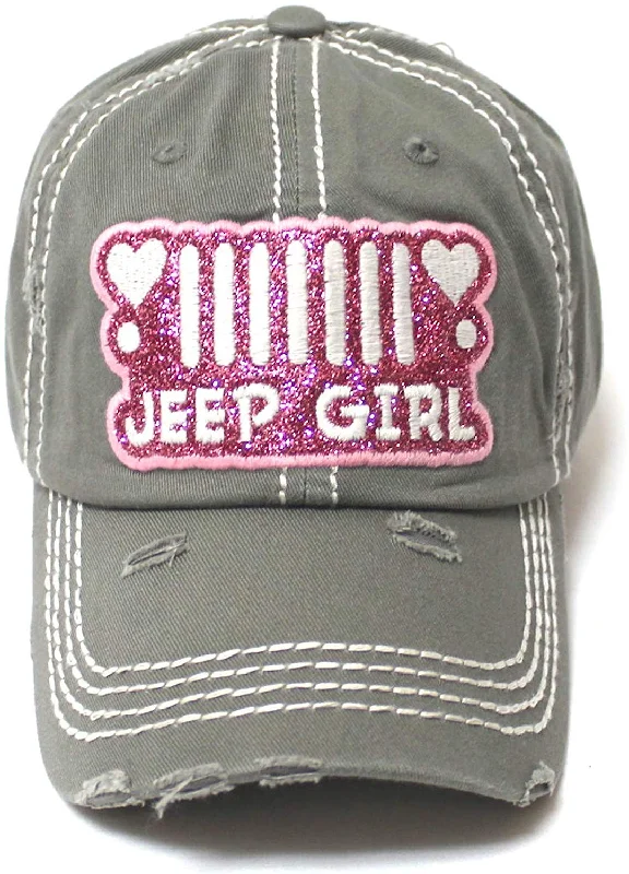 Women's Ballcap Jeep Girl Pink Glitter, Hearts Patch Embroidery Hat, Silver Mist Grey