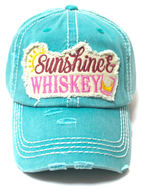 Women's Beach Hat Sunshine Fun Patch Embroidery Monogram Ballcap, Ocean Turquoise