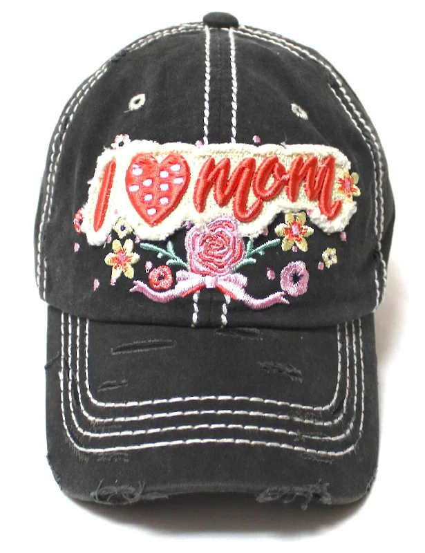 Women's Cap I Love Mom Hearts & Roses Patch Embroidery Monogram Hat, Vintage Black