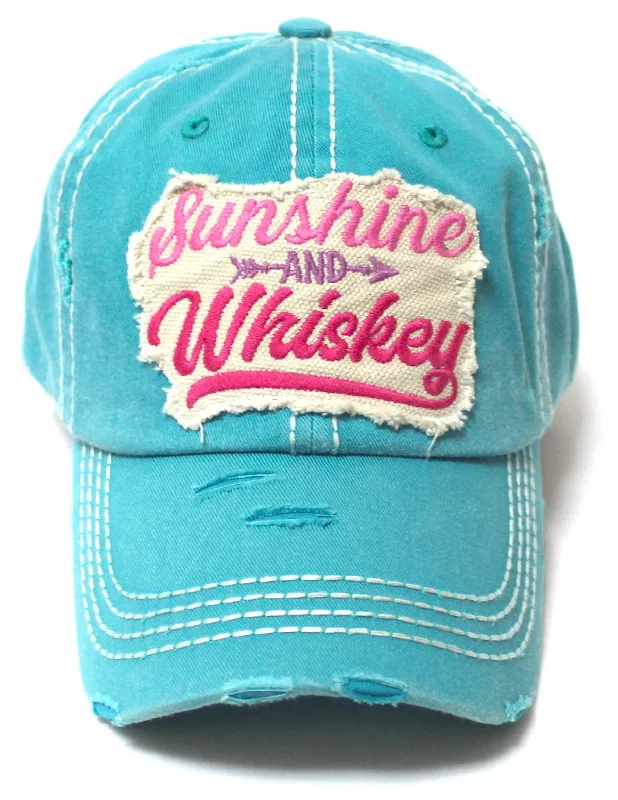 Women's Casual Ballcap Sunshine & Whiskey Tribal Arrow Patch Embroidery Monogram Hat, Turquoise w/Pink