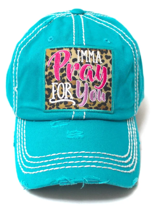 Women's Christian Themed Imma Pray for You Leopard Monogram Patch Embroidery Baseball Hat, Vintage Turquoise