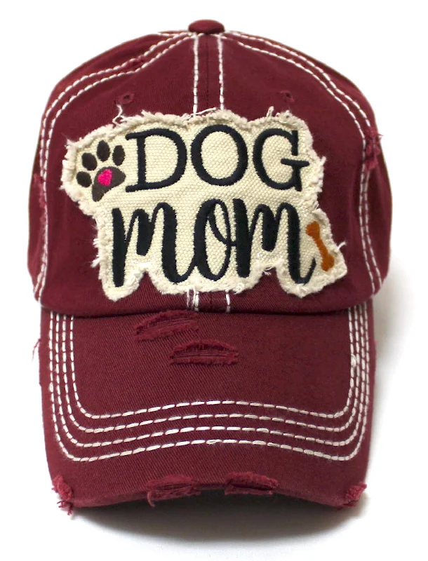 Women's Distressed Ballcap Dog Mom Puppy Love Patch Embroidery Hat, Wine Burgundy