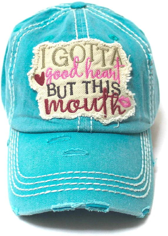 Women's Distressed Ballcap I Gotta Good Heart but This Mouth Hearts, Kisses Patch Embroidery Hat, Turquoise