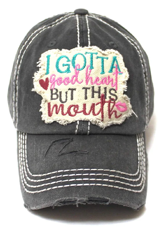 Women's Distressed Ballcap I Gotta Good Heart but This Mouth Hearts, Kisses Patch Embroidery Hat, Vintage Black