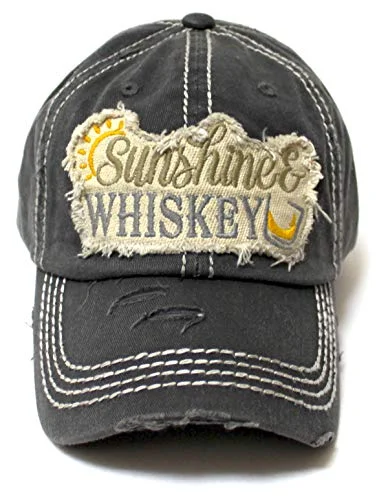 Women's Distressed Beach Hat Sunshine Fun Patch Embroidery Monogram Ballcap, Vintage Black