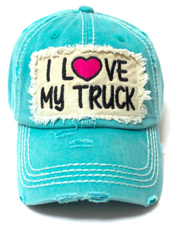 Women's Distressed Hat I Love My Truck Patch Embroidery Adjustable Cap, California Beach Blue